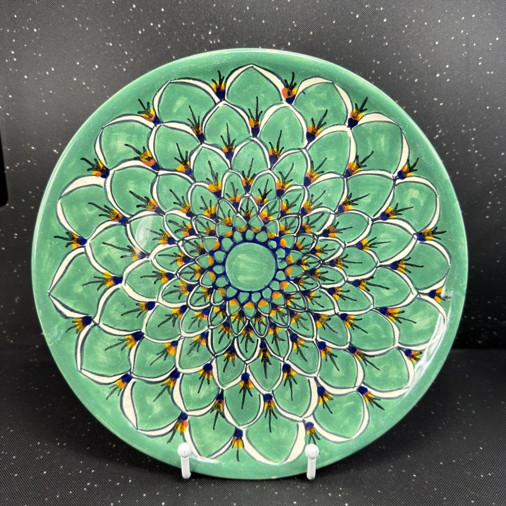 JMB Mexico Talavera Plates Set of 3 Green Floral Mandala Hand Painted 10 Inch - Picture 11 of 12